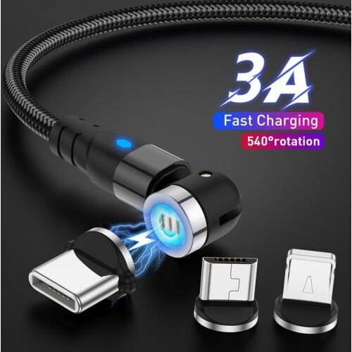 3A Fast Charging Cord 540 Rotate Magnetic Cable Type C Data Wire For iPhone Samsung Magnet Charger USB C Phone Cable