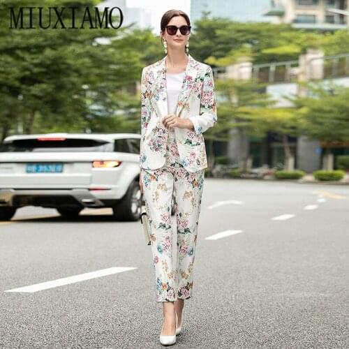 MIUXIMAO 2020 High Quality Autumn Fashion Flower Print Long Sleeve Jacket + Full Length Pants Office Lady Suit Women