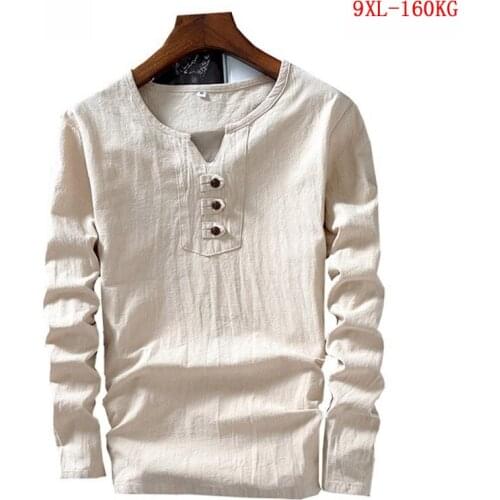 MEN linen cotton t-shirts plus size 9XL 160KG autumn winter V-neck 7XL 8XL oversize underwear Chinese style black khaki tees
