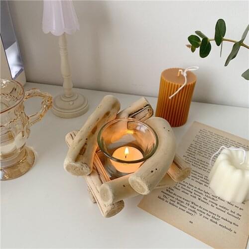 Korean Style Original Wooden Drifting Candlestick Idyllic Retro Glass Home Decoration Creative Ornament Decoration