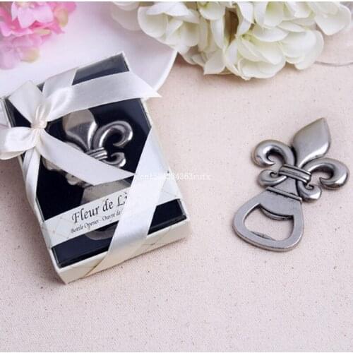 50pcs Pewter-Finish Bottle Openers with Gift Box Wedding Favors and Gifts "Fleur de Lis" Wedding Giveaways Gift