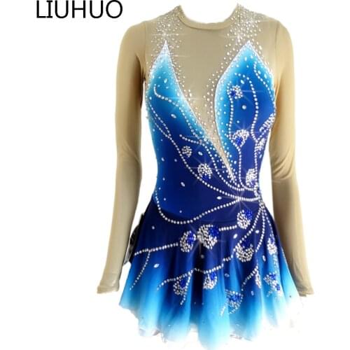 Figure Skating Dress Blue Peacock Long Sleeves Rhinestones Peacock Sleeveless Splice Ice Skating Roller Skating Ballet Dress