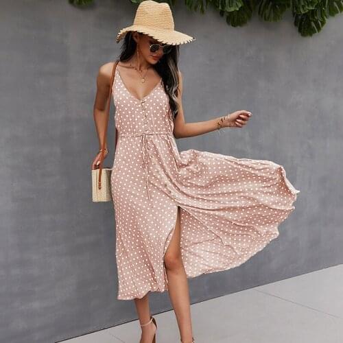 Polka Dot Summer Midi Dresses for Women Sleeveless V Neck Sexy Long Woman Dress Robe Sling Button Bandage Dress Vestidos