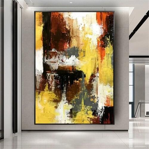 Hand Painted Yellow Gray Abstract Oil Canvas Painting Gold Posters Wall Art Picture For Living Room Home Decor Hanging pictures