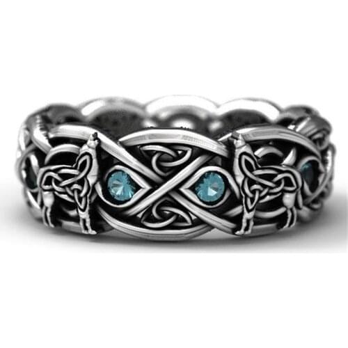 SECRET BOYS Topaz eternal Celtic wolf jewelry gift mens antique Nordic Viking wolf silver ring blue crystal