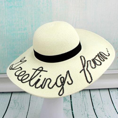 Women New floppy hat straw hat sun hat vacation beach hat for outdoor hat emboridery sequin letter