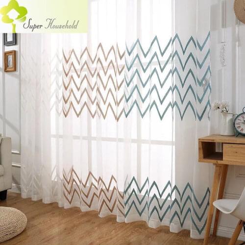 Nordic White Embroidered Window Screen Curtains Tulle Kitchen Grid Wave Sheer for Bedroom Living Room Balcony Drapes Fabric