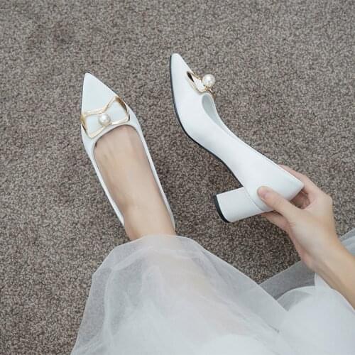Wedding Shoes Female Thick Heels Pregnant Women Mid-heel Bridal Shoes Champagne Bridesmaid Pearl Rhinestones White Pumps Shoes