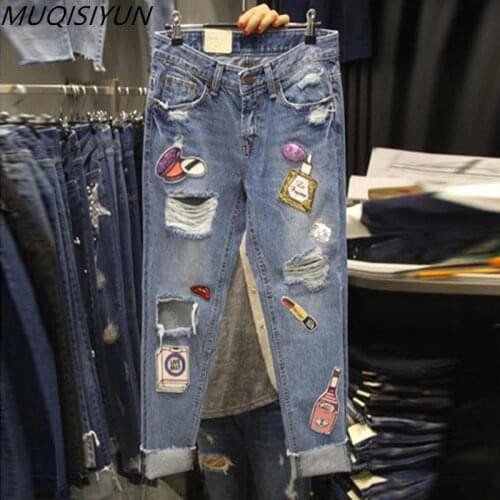In stock Korean Style 2021 New Autumn Fashion Womens Sequin Hole Denim Pants Girls Students Streetwear Trousers Jeans A3542