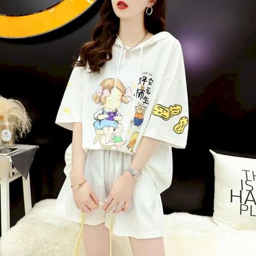Womens Short Sleeve Hoodies Sports Suits Loose Korean Plus Size Hooded T Shirt Thin Shorts Casual Kawaii Two Piece Suits Summer