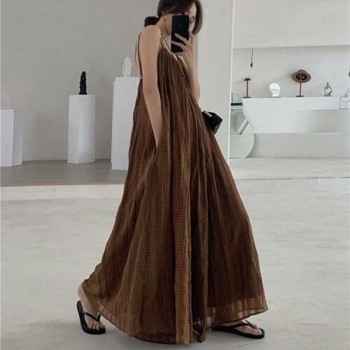 Johnature Backless Sleeveless Wide Leg Jumpsuits Women 2021 Summer New Full Length Pockets Plaid Female Bodysuits