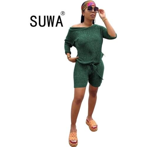 2020 Activewear Knitted Ribbed Womens Set Off Shoulder Sweater Tops Shorts Pants Suit Tracksuit Two Piece Set Fitness Outfit