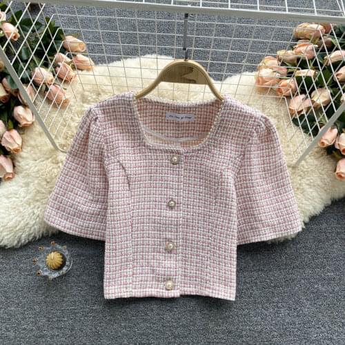 Autumn And Small Fragrance Retro Tweed Jacket Cropped Top Womens Fashion Beaded Round Neck Slim Cardigan