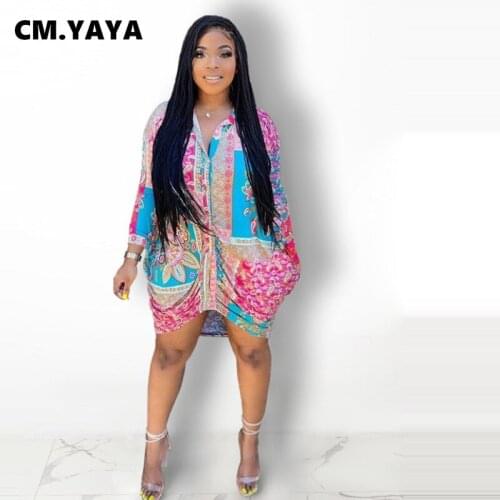 CM.YAYA Women Mini Dress Print Turn-down Collar Single Breasted Full Sleeve Shirring Straight Dresses Office Lady Streetwear