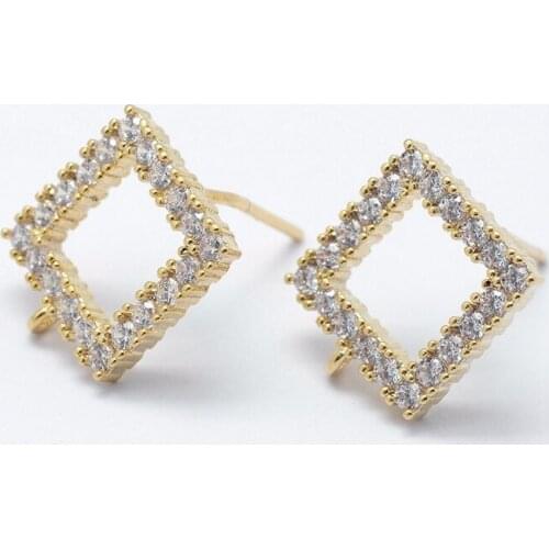 100pcs Brass Micro Pave Cubic Zirconia Stud Earring Findings with Sterling Pins Gold Long-Lasting Plated Rhombus