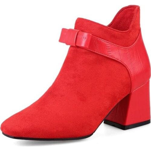 Big Size 11 12 13 14 15 16 17 Suede-faced square-headed butterfly-knotted boots, side zipper boots, short canister fashion boots