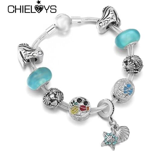 Summer Style Silver Plated Multi-layer Chain Charm Bracelet With Frog Starfish Shell Beads Bracelets For Women Kids Jewelry Gift