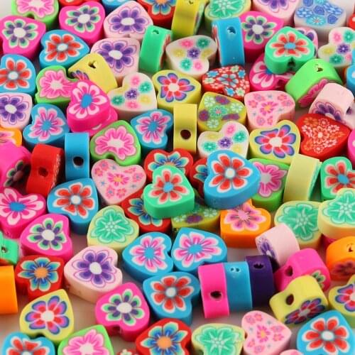 50pc 10mm Mixed Color Heart Flower Pattern Bead Polymer Clay Bead Polymer Clay Loose Beads For Necklace DIY Bracelet Accessories