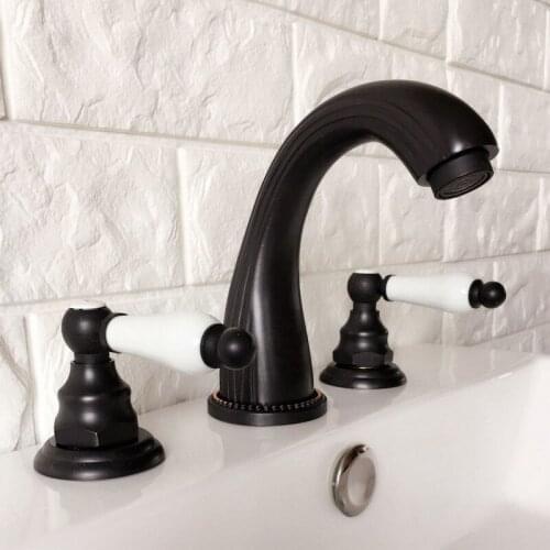 Black Oil Rubbed Bronze Double Handles 3 Holes Install Widespread Deck Mounted Bathroom Sink Basin Faucet Sink Mixer Tap mhg062