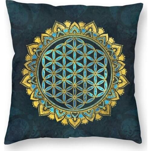 Flower Of Life Gold An Blue Texture Glass Cushion Cover 40x40 Home Decorative Mandala Geometric Pattern Throw Pillow for Car