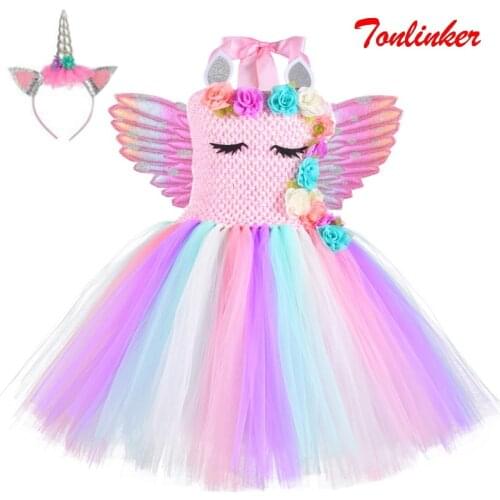 Halloween Girls Flowers Unicorn Costume Kids Pony Rainbow Mesh Tutu Fancy Dress Christmas Party Outfit Flower Pageant Clothing