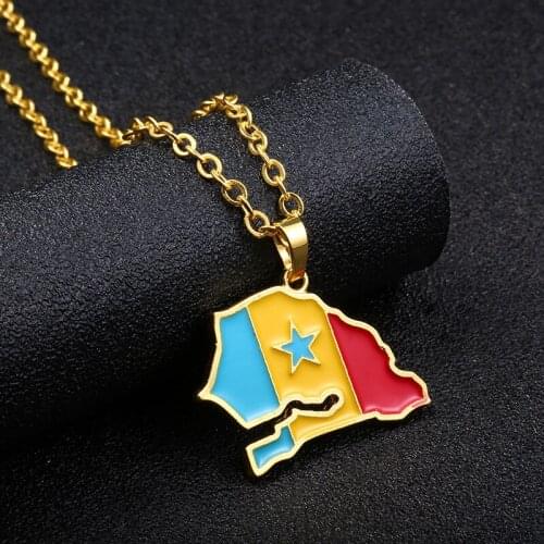 World map Senegal national map national flag Pendant Necklace stainless steel chain mens and womens jewelry