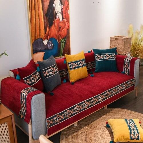 Chinese Classical Embroidery Chenille Sofa Cover 4/3/2/1 Seater Slipcover for Living Room Recliner Couch Cover Armrest Towel Red