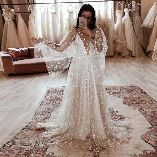2-piece set Glittering A Line Wedding Dresses Deep V-neck Bride Dresses Beach Boho Wedding Gowns 2021 New Wedding Party Dresses