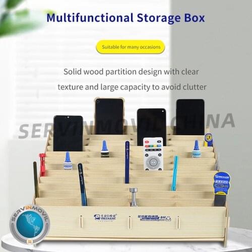 Mutifunctional Wooden Storage Box B24/B12 Trapezoid Bottom Intaglio Design Desktop Phone Repair Parts Organizer
