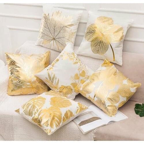 Fashion White Gold Foil Linen Cushion Cover Leaf Flowers Diamond Pillow Cover for Home Chair Sofa Decorative Pillows 45*45cm