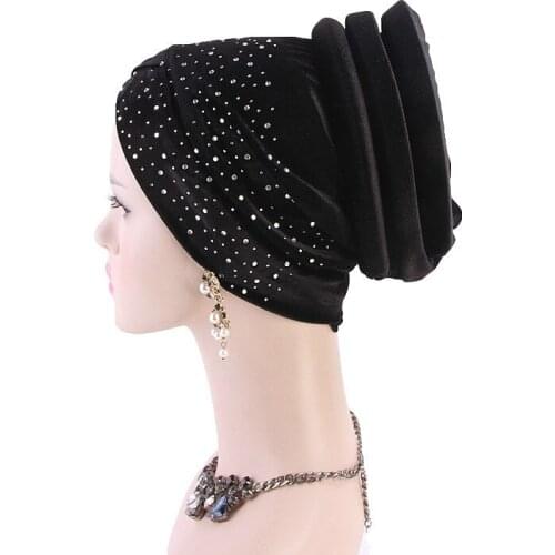 Muslim Fashion Sequins Hijabs Hat Black Head Scarf Headwraps for Women Islamic Hair Accessories