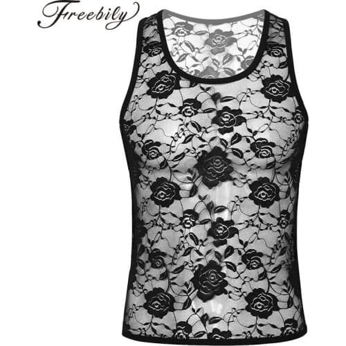 Mens Sexy Sissy Lingerie Sleeveless See Through Sheer U Neck Stretchy Floral Lace Muscle Fitted T-Shirt Undershirt Tank Top