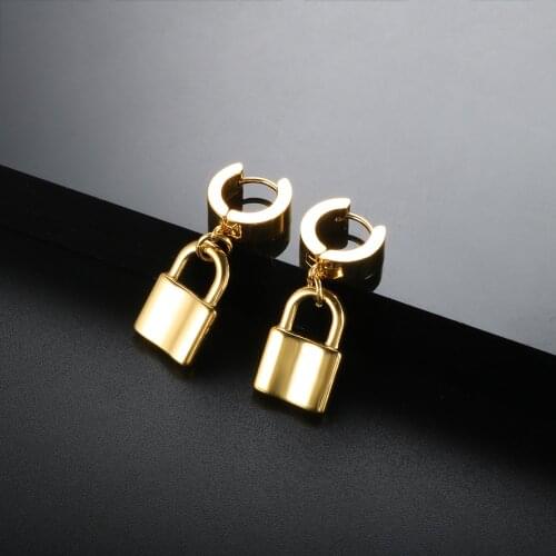 Stainless Steel Hip-Hop Style Lock Charm Dangle Earrings Gold Plated Rock Drop Earrings for Women Men Jewelry Gifts