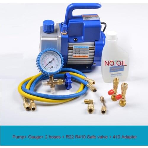 Single Stage 2.5CFM 150W Vacuum Pump Air Conditioning HVAC Tool AC+ Gauge+ 2 Hoses+ R410/R22 Safe Valve+ 410 Adapter