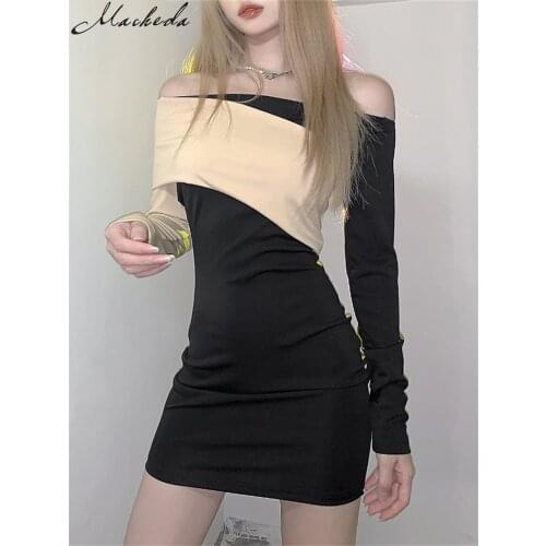 Macheda fall two-color patchwork long sleeve dress suits Commuter style office dress slim soft mini skirt snug and comfortable