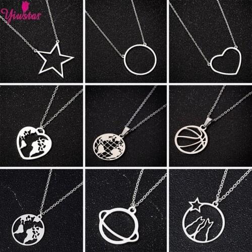 Stainless Steel World Map Necklace Golden Round Pendant Necklace Feminine Rising Star Necklace Silver Color Boho Jewelry 2020