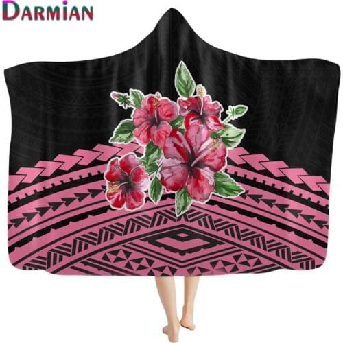 DARMIAN Polynesian Tribal Hibiscus Flower Printed Sherpa Hooded Blanket for Adult Kids Warm Autumn/Winter Wearable Throw Blanket