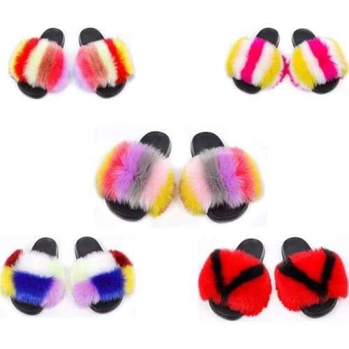 New Fashion Fluffy Faux Fur Slides Indoor Women Shoes Slipper Flat Casual Slide Slippers EVA Sandals Outdoor Plush Flip Flops
