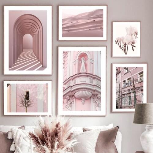 Pink House Street Desert Magnolia Flower Wall Art Canvas Painting Nordic Posters And Prints Wall Pictures For Living Room Decor