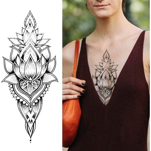 Waterproof Lotus Flower Temporary Tattoos Stickers Lotus Cherry Blossoms Fake Tattoo Black Women Girls Body Art