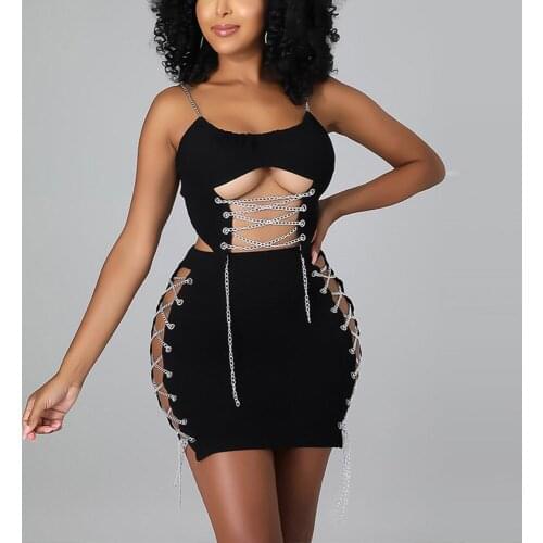 2 Pieces Womens Outfits Skirt Sexy Party Solid Chain Hollow Out Crop Tops & Mini Skirts Evening Night Club Matching Sets Hot New