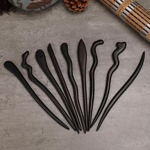 FORSEVEN Vintage Black Sandalwood Handmade Carving Hair Sticks Chinese Style Wooden Hair Pin Women Headdress Hair Accessories JL
