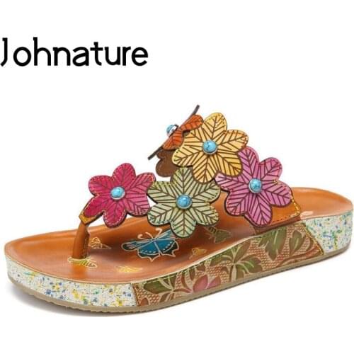 Johnature Summer Women Slippers Genuine Leather Outside Shoes 2021 New Flat With Slides National Style Handmade Ladies Slippers