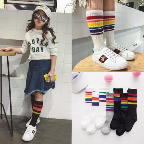 20Pair/lot Child Boy Football Socks Striped Colored Rainbow Knee Socks Cotton School White Long Sock for Kids 1-3Y