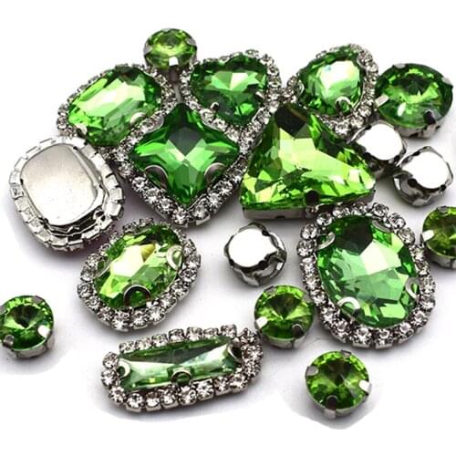 Light Green Crystals Buckle Sewing Style More Shape Glass Stones,Silver Base Claw Gems Glitter Clothes Decor Accessory 20Pcs