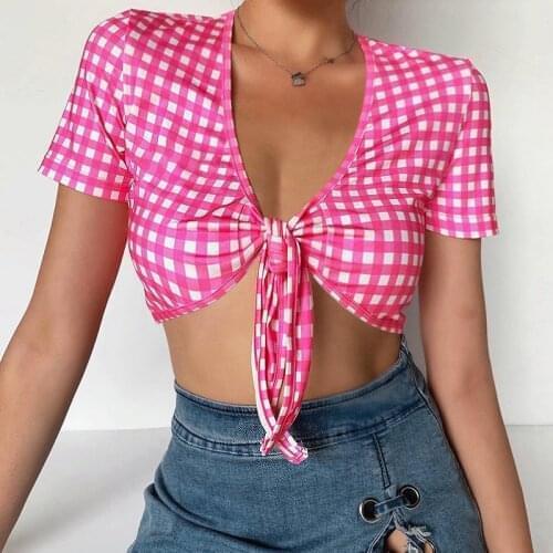 2020 Chiffon Plaids Shirt Tops Women Sexy Bandage Cardigan Crop Top Summer Fashion Short Sleeve Deep V Neck Slim Club Blouse