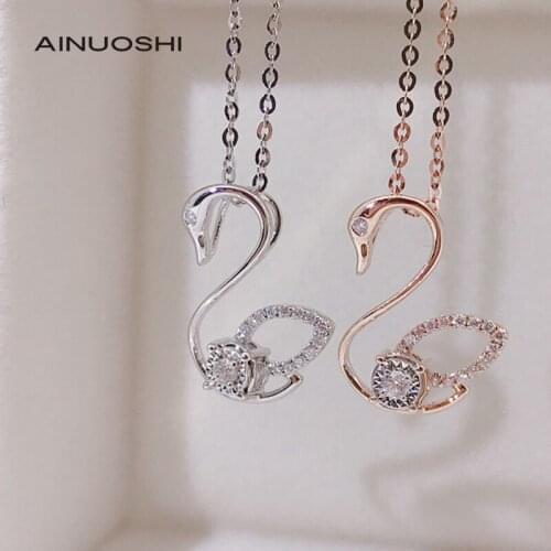 AINUOSHI 18K Gold Round Cut 0.075ct Natural Diamond Beautiful Swan Pendant Necklace Animal Style Jewelry Worn By Ladies 18