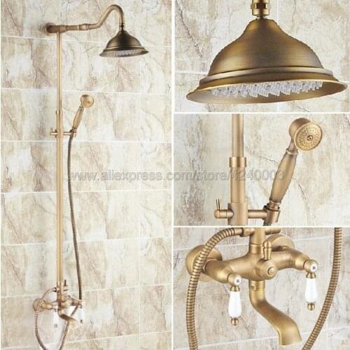 Antique Brass 8 inch Shower Head Bathroom Shower Faucet Sets Double Handles Mixer Tap with Tub Spout Krs113
