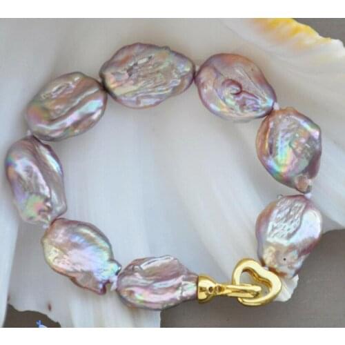 Free Shipping Florid 8" 21mm Peacock Lavender Baroque Coin Keshi Pearl Bracelet