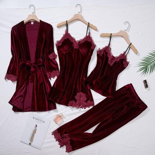 Fdfklak Winter Velvet Pajamas Set For Women Soft Warm Sexy Sleepwear 4PCs Full Sleeve Strap Nightgown Bath Robe Lingerie Suit